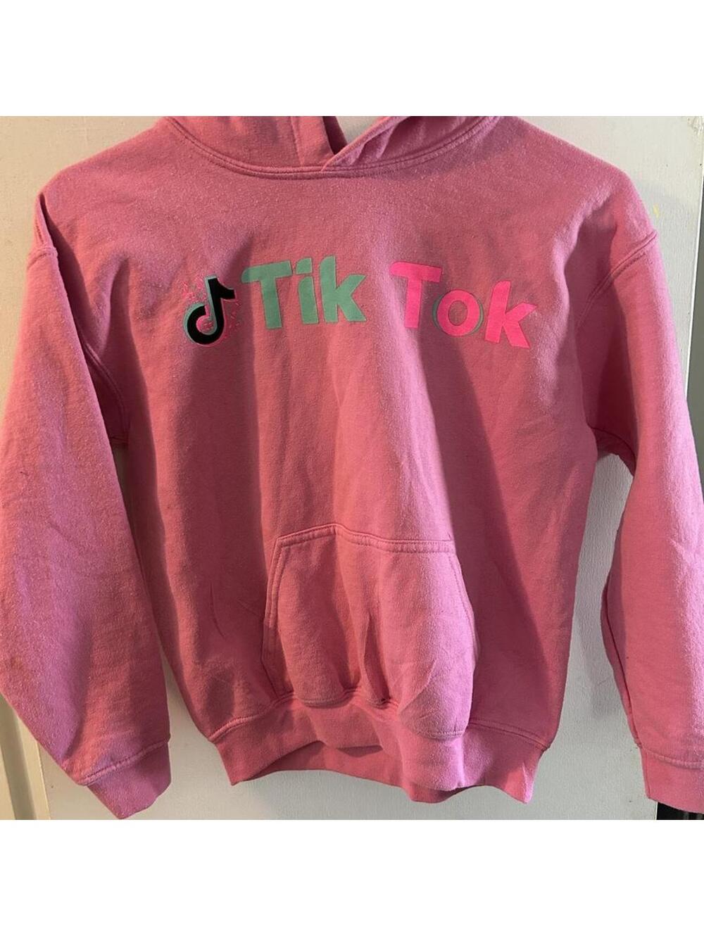 Pink TikTok hoodie with TikTok logo in black, green, and pink size M